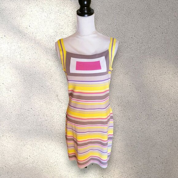 Milly of New York Striped Square Neck Yellow Multiple Colored Sleeveless Dress - Picture 1 of 5